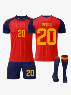 Maillot domicile de l'équipe nationale espagnole 2026 n° 19 Yamal et n° 20 Pedri ensemble 3 pièces pour adultes et enfants