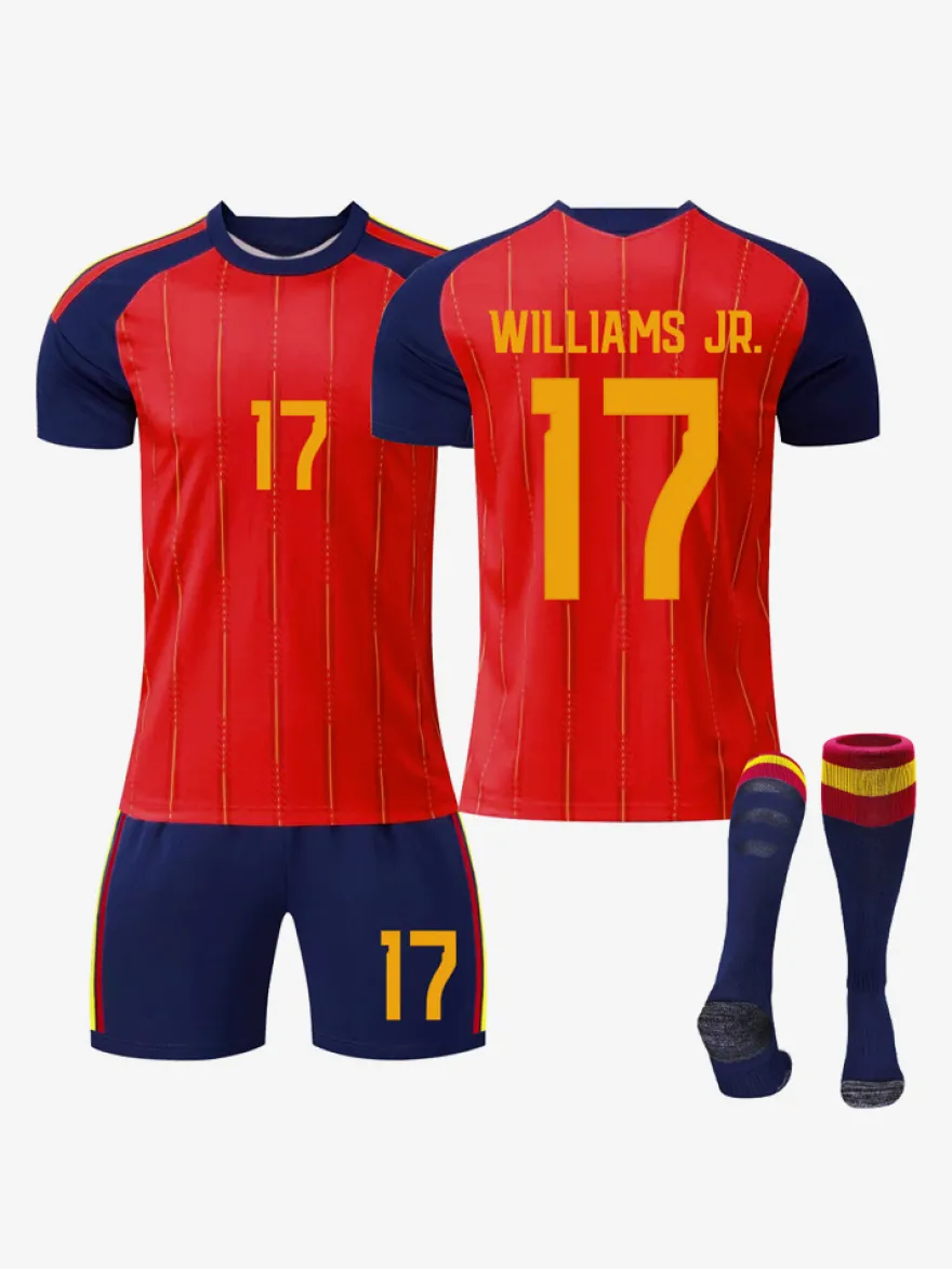 Maillot domicile de l'équipe nationale espagnole 2026 n° 19 Yamal et n° 20 Pedri ensemble 3 pièces pour adultes et enfants
