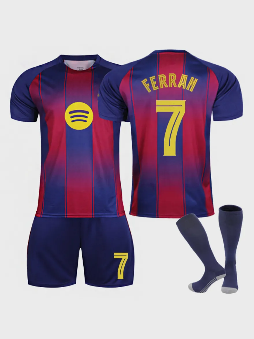 Maillot domicile du club de football FERRAN n° 7 manches courtes rayé tenue de sport 3 pièces pour adultes et enfants (saison 25/26).