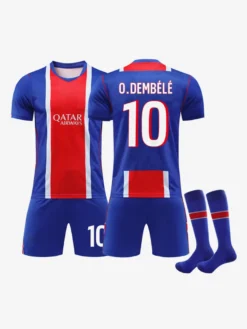 Maillot domicile du PSG pour la saison 26/27 du Championnat de France Doué 14 et Dembélé 10. Ensemble 3 pièces manches courtes pour adultes et enfants.