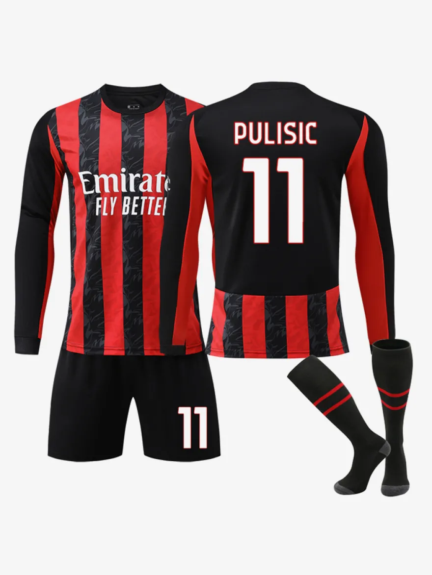 Maillot domicile à manches longues rayé rouge et noir 25/26 du club de football 14 Modrić ensemble 3 pièces