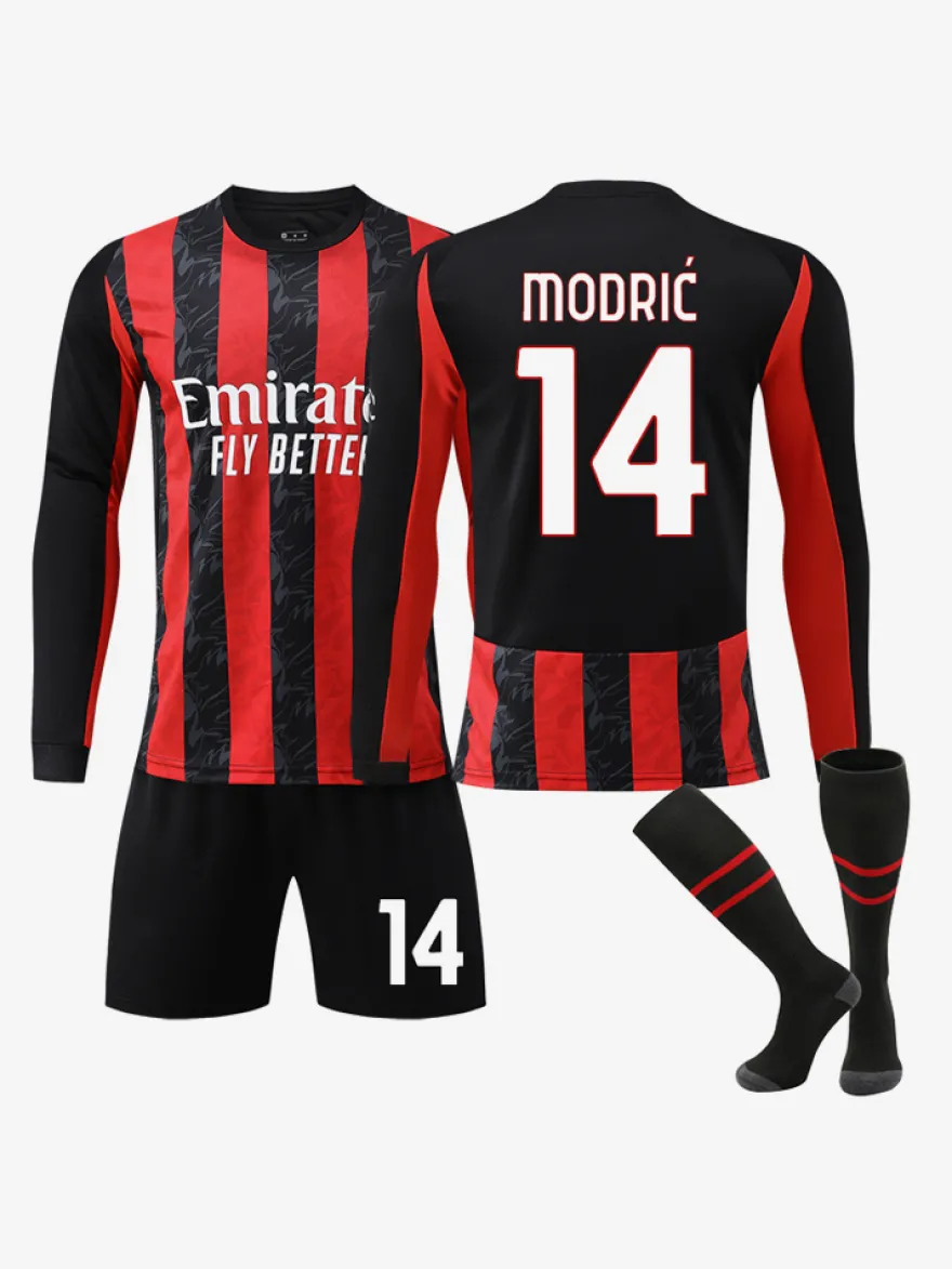 Maillot domicile à manches longues rayé rouge et noir 25/26 du club de football 14 Modrić ensemble 3 pièces
