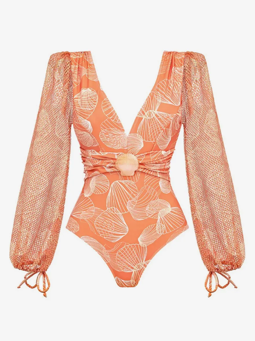 Maillots de bain bleus chics à lacets col en V manches longues bouffantes