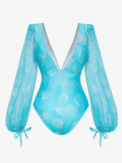 Maillots de bain bleus chics à lacets col en V manches longues bouffantes