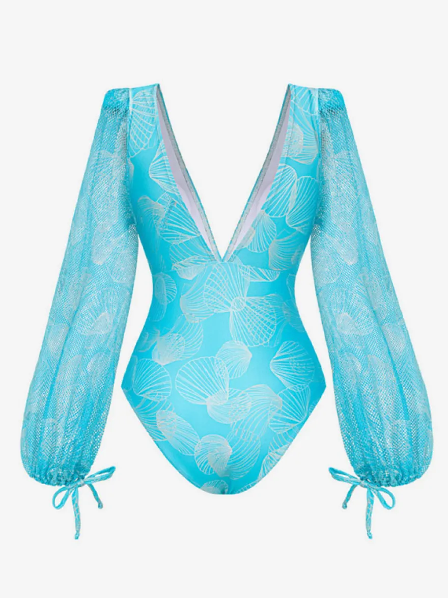 Maillots de bain bleus chics à lacets col en V manches longues bouffantes