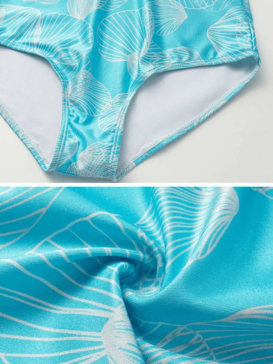 Maillots de bain bleus chics à lacets col en V manches longues bouffantes