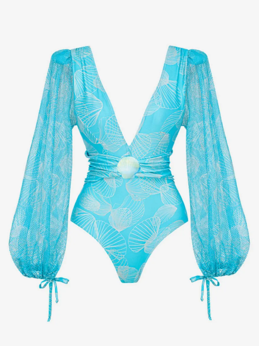 Maillots de bain bleus chics à lacets col en V manches longues bouffantes