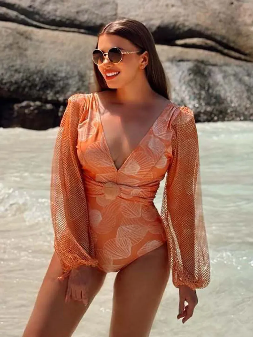 Maillots de bain bleus chics à lacets col en V manches longues bouffantes