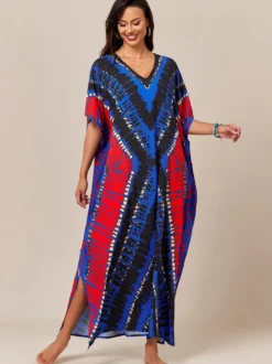 Maillots de bain de plage oversize à manches courtes et col en V style athlétique bleu foncé