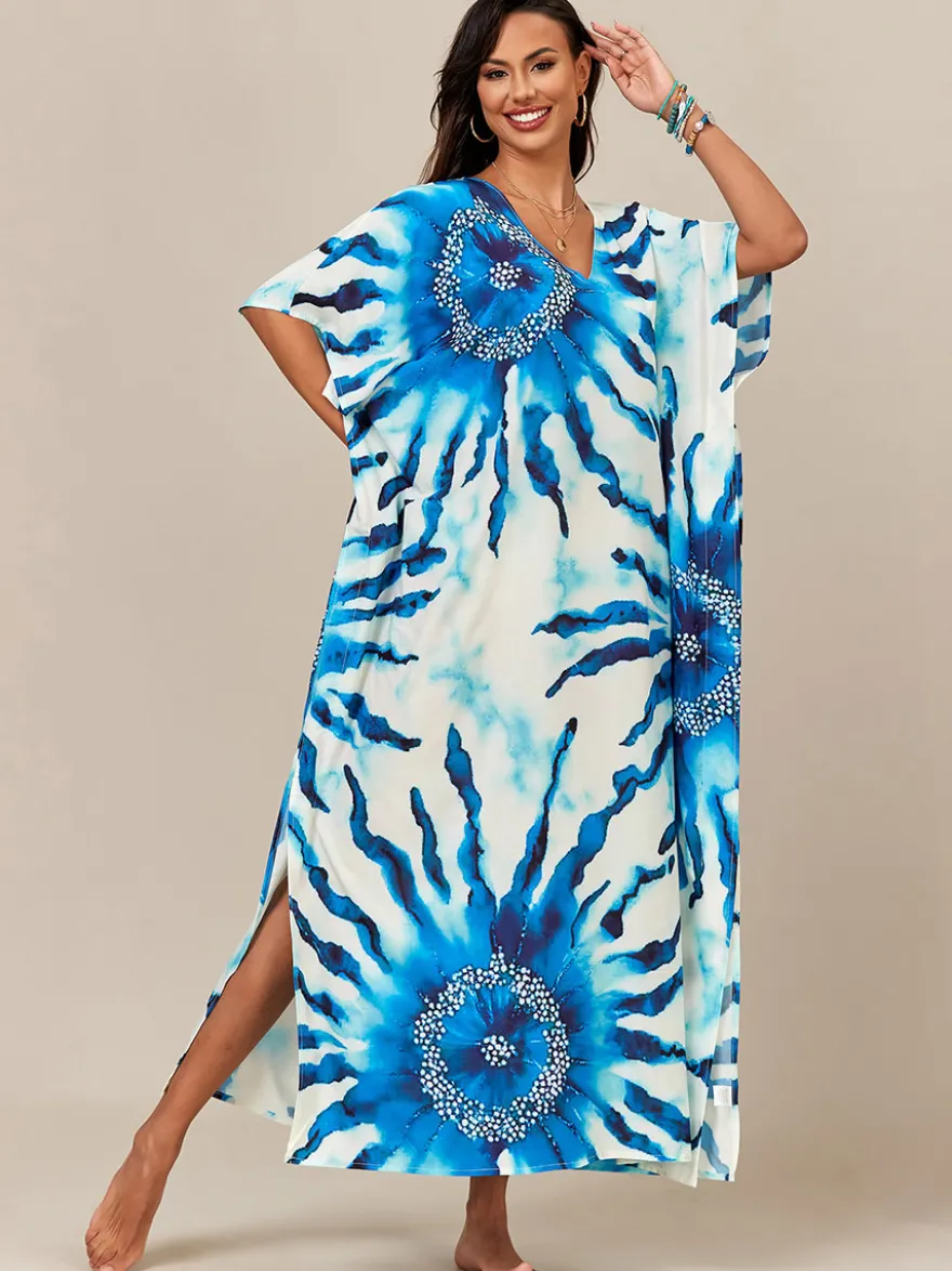 Maillots de bain de plage oversize à manches courtes et col en V style athlétique bleu foncé