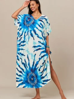 Maillots de bain de plage oversize à manches courtes et col en V style athlétique bleu foncé
