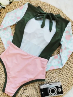 Maillots De Bain Une Pièce Pour Femmes Vert Imprimé Fleuri À Lacets Col Rond Dos Nu Été Sexy Manches Longues