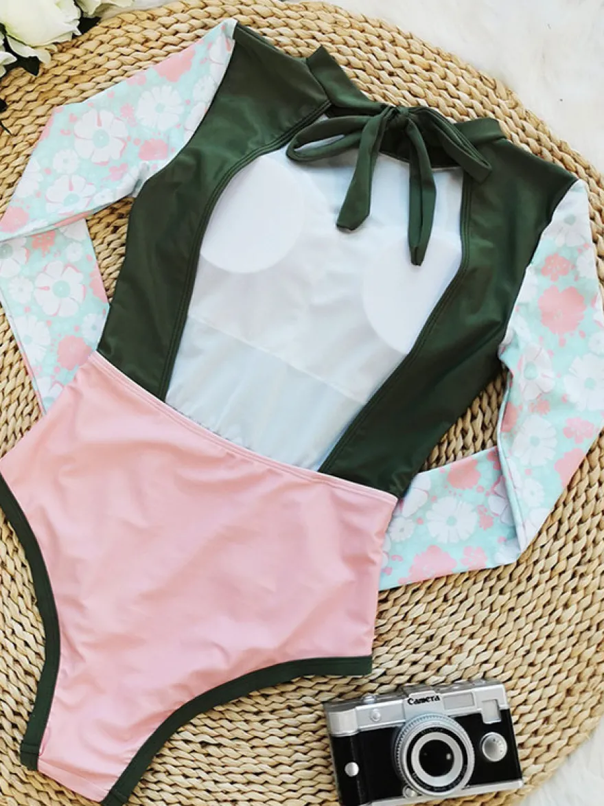 Maillots De Bain Une Pièce Pour Femmes Vert Imprimé Fleuri À Lacets Col Rond Dos Nu Été Sexy Manches Longues