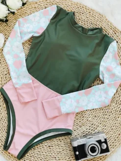 Maillots De Bain Une Pièce Pour Femmes Vert Imprimé Fleuri À Lacets Col Rond Dos Nu Été Sexy Manches Longues