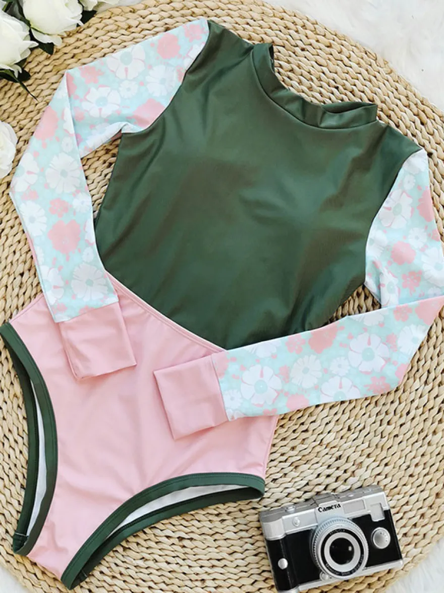 Maillots De Bain Une Pièce Pour Femmes Vert Imprimé Fleuri À Lacets Col Rond Dos Nu Été Sexy Manches Longues