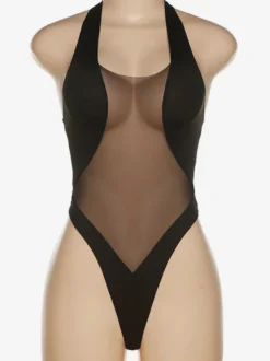 Maillots De Bain Une Pièce Pour Femmes Noir Col En U Transparent Découpé Sexy