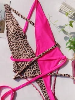 Maillots De Bain Une Pièce Pour Femmes Café Marron Imprimé Léopard Volants Col En V Dos Nu Été Plage