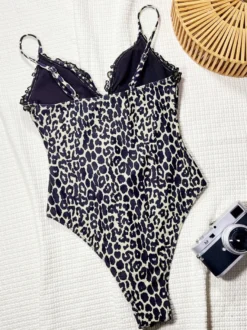 Maillots de bain une pièce pour femmes imprimé léopard bretelles découpées décolleté maillots de bain sexy d'été