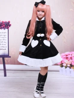 Manateau Lolita Douce noir en Laine avec Manches longues Déguisements Halloween