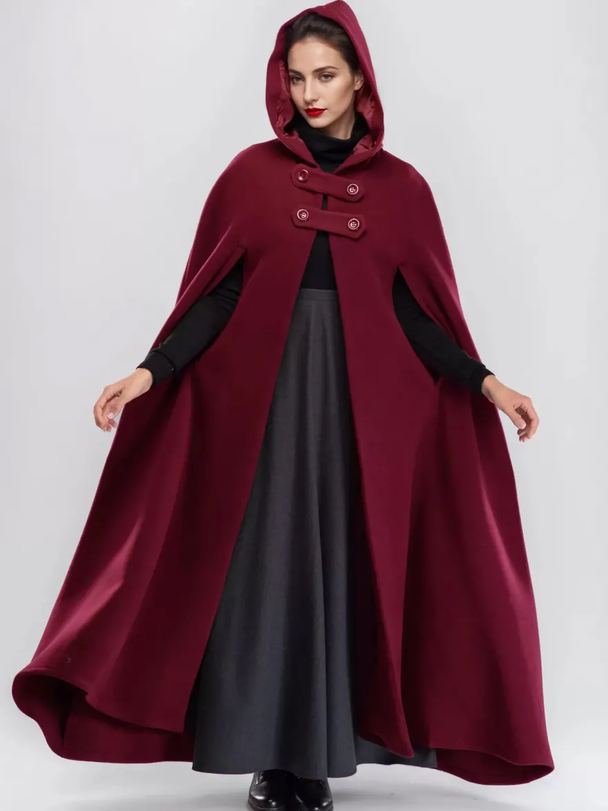 Manteau cape maxi en mélange de laine avec capuche bordeaux poncho pleine longueur vêtements d'extérieur surdimensionnés pour femmes 2026