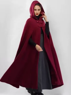 Manteau cape maxi en mélange de laine avec capuche bordeaux poncho pleine longueur vêtements d'extérieur surdimensionnés pour femmes 2026