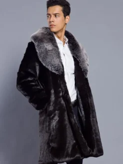 Manteau classique masculin noir bicolore en fausse fourrure en polyester
