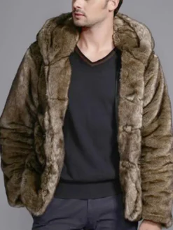 Manteau de Fausse Fourrure 2026 à Capuche Corne Basculer Marron Veste Manche Longue Manteau d'Hiver Homme