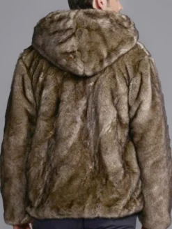 Manteau de Fausse Fourrure 2026 à Capuche Corne Basculer Marron Veste Manche Longue Manteau d'Hiver Homme