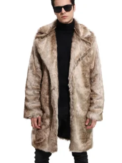 Manteau de Fausse Fourrure 2026 Marron Léger Casual Manteau Bicolore Motif Col Notch Manteau d'Hiver Homme