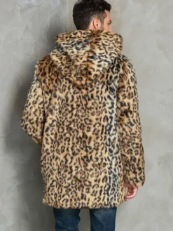 Manteau En Fausse Fourrure Léopard Homme Manches Longues Chaud Hiver Col Rabattu Capuche