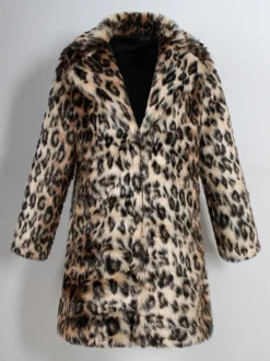 Manteau En Fausse Fourrure Long Léopard Homme Manches Longues Chaud Hiver Col Rabattu Capuche