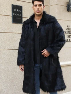 Manteau En Fausse Fourrure Long Noir Homme Manches Longues Chaud Hiver Col Rabattu