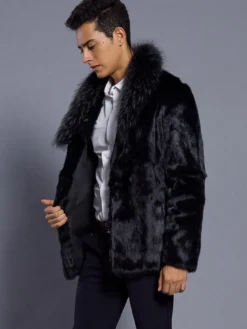 Manteau En Fausse Fourrure Noir Homme Manches Longues Chaud Hiver Col Rabattu