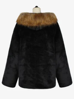 Manteau En Fausse Fourrure Noir Homme Manches Longues Chaud Hiver Col Rabattu Capuche