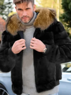 Manteau En Fausse Fourrure Noir Homme Manches Longues Chaud Hiver Col Rabattu Capuche