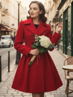 Manteau en laine rouge rétro années 1950 coupe trapèze croisé pour femme (2026)