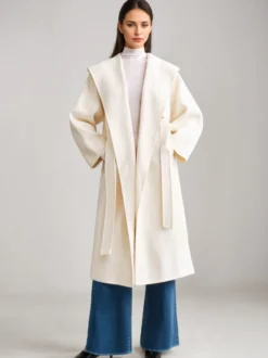 Manteau en mélange de laine et de cachemire blanc à revers larges et ceinture double face pour femme vêtement d'hiver 2026