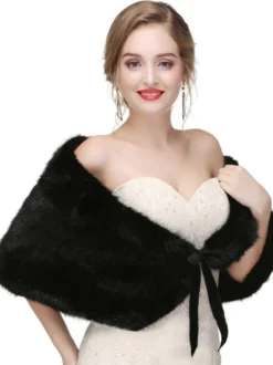 Manteau Fausse Fourrure Cape de Mariage Femme Veste Unicolore à Col V à Lacets