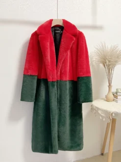 Manteau Fausse Fourrure Mi-long Femme avec Manches Longues à Col Revers Bicolores Manteau Femme