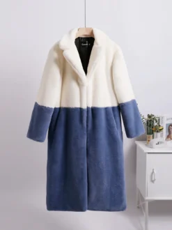 Manteau Fausse Fourrure Mi-long Femme avec Manches Longues à Col Revers Bicolores Manteau Femme