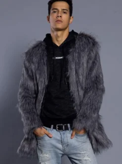Manteau gris fuzzy manteau d'hiver hommes fausse fourrure