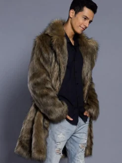 Manteau homme hiver couleur Brun en polyester fausse fourrure