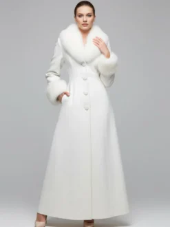 Manteau long blanc en laine avec col et poignets en fausse fourrure pour femme 2026