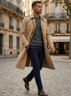 Manteau Long Costume Pour Hommes Col Rabattu Confortable Bleu Foncé Beau