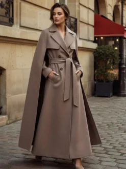Manteau long croisé en laine avec cape et ceinture amovibles pour femme 2026