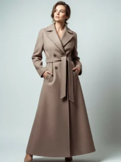 Manteau long croisé en laine avec cape et ceinture amovibles pour femme 2026