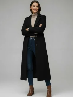 Manteau long droit en laine à simple boutonnage et revers cranté classique collection femme 2026