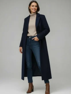 Manteau long droit en laine à simple boutonnage et revers cranté classique collection femme 2026