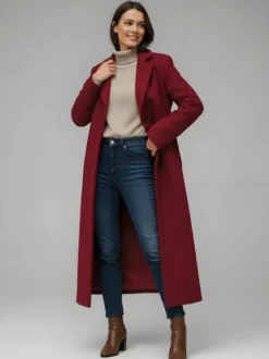 Manteau long droit en laine à simple boutonnage et revers cranté classique collection femme 2026