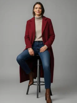Manteau long droit en laine à simple boutonnage et revers cranté classique collection femme 2026
